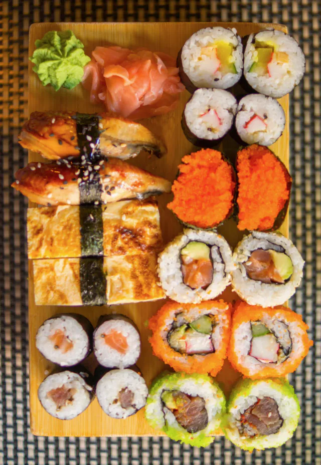A rich and assorted sushi platter, including different types of sushi