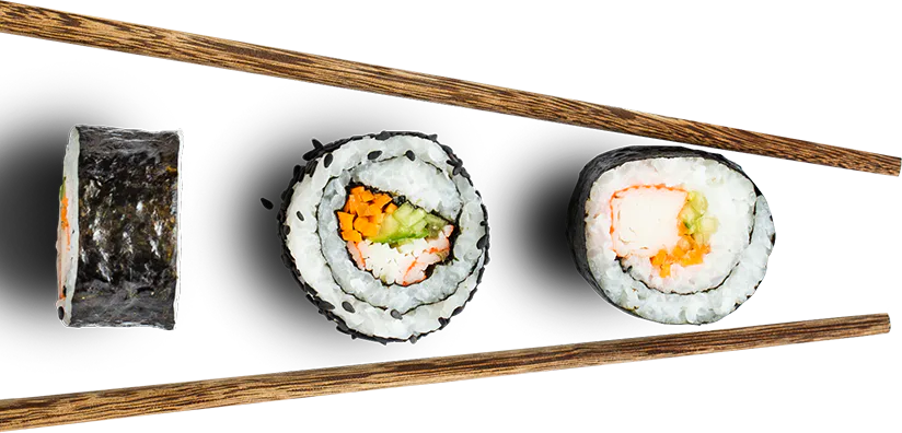 Overhead view of assorted sushi rolls, nigiri, salmon sashimi, wooden chopsticks and dill on a black plate against a dark textured background. Overhead view of assorted sushi rolls, nigiri, salmon sashimi, wooden chopsticks and dill on a black plate against a dark textured background.